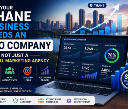SEO Company in Thane feature image showing SEO analytics dashboard, organic traffic growth, keyword ranking improvements, and sustainable business growth through search engine optimization.