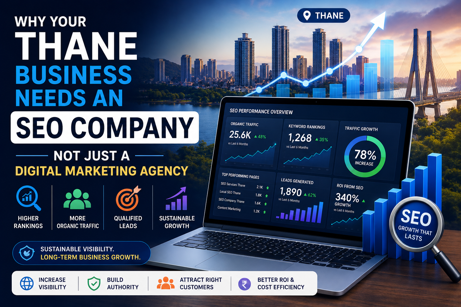 SEO Company in Thane feature image showing SEO analytics dashboard, organic traffic growth, keyword ranking improvements, and sustainable business growth through search engine optimization.