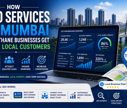 SEO Services in Mumbai feature image showing local SEO growth, search rankings, Google Business Profile optimization, and lead generation for Thane businesses.