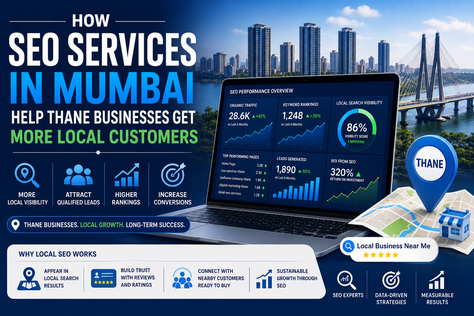 SEO Services in Mumbai feature image showing local SEO growth, search rankings, Google Business Profile optimization, and lead generation for Thane businesses.
